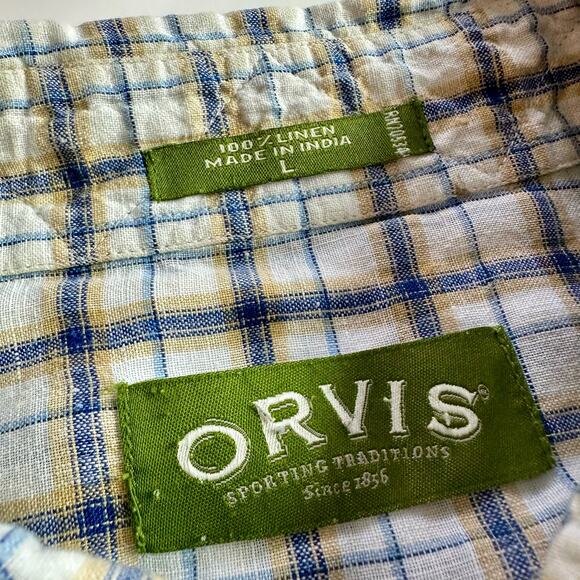 Orvis Men's Large 100% Linen White Blue Yellow Plaid S/S Button Up Shirt Summer - Picture 3 of 7